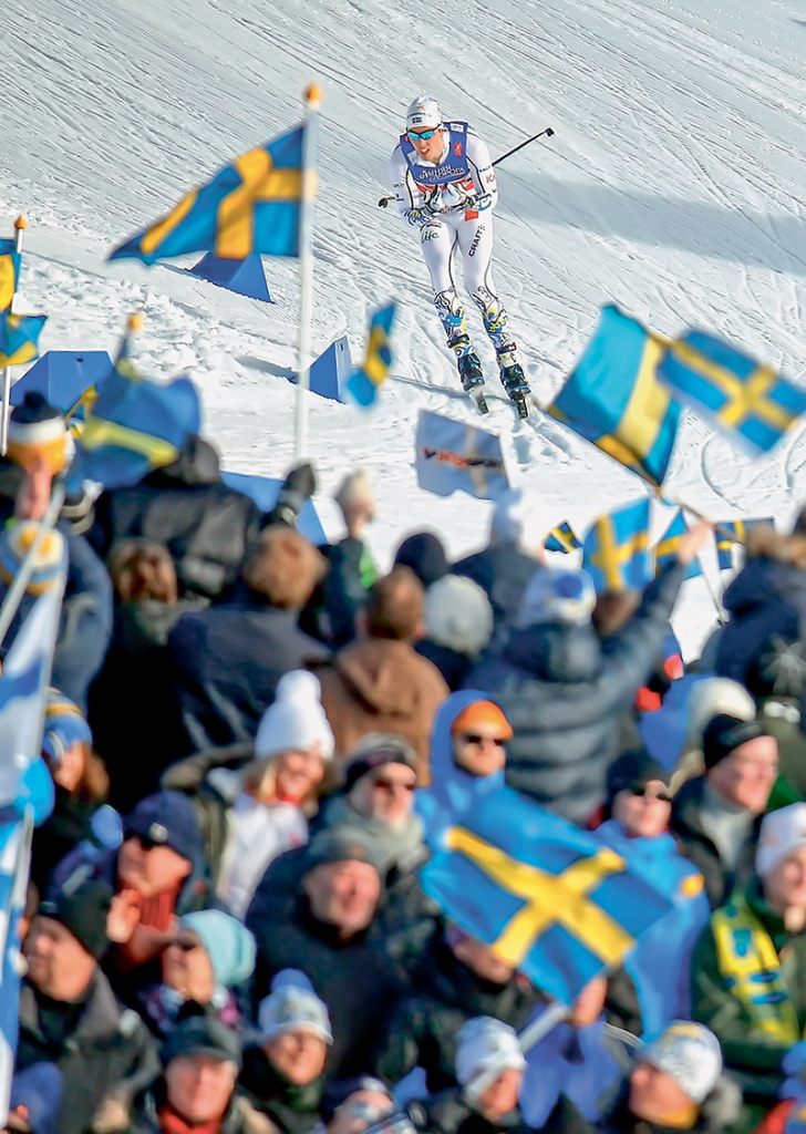 Редкий кадр для чемпионата мира в Фалуне. Швед Калле Халфварссон бежит напротив трибуны, заполненной исключительно шведскими болельщиками.