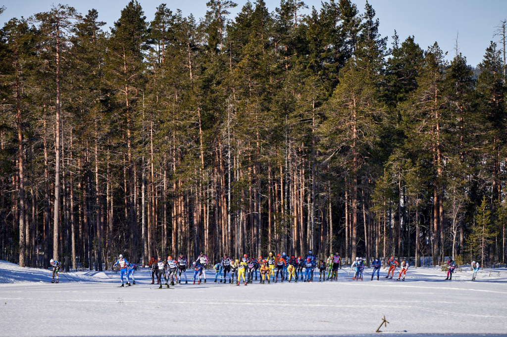 Первая половина гонки. Гонщики идут большой группой, но Ермил всё равно держится впереди.