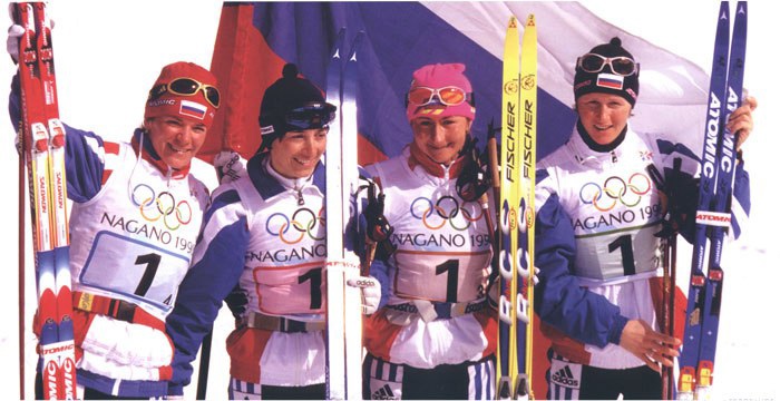 Нагано-98. Лариса Лазутина, Нина Гаврылюк, Елена Вяльбе, Ольга Данилова