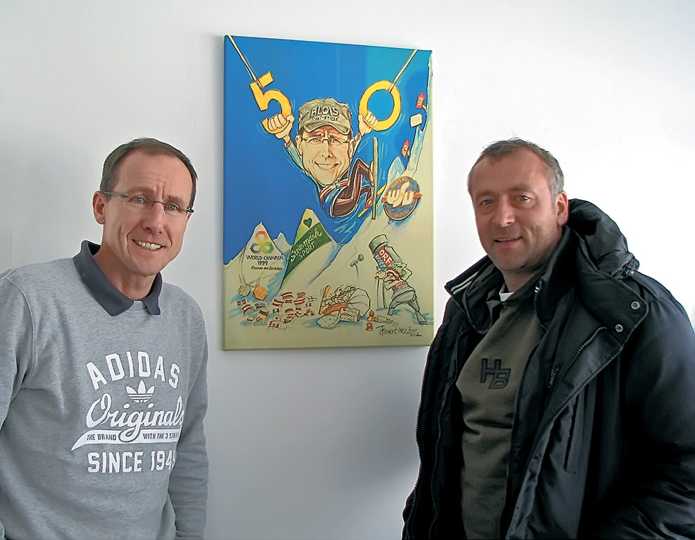 Алоиз Штадлобер и Михаил Ботвинов у дружеского шаржа знаменитого художника Томаса Ципфеля (Zipfel) к 50-летнему юбилею знаменитого австрийского лыжника. 