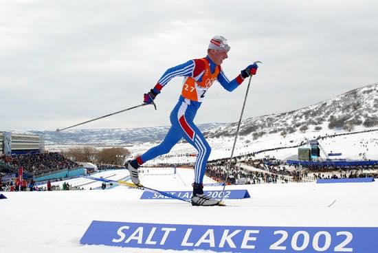 Михаил Иванов на последней олимпийской классической гонке 50 км с раздельным стартом. Солт Лейк-Сити (США) 2002 г.