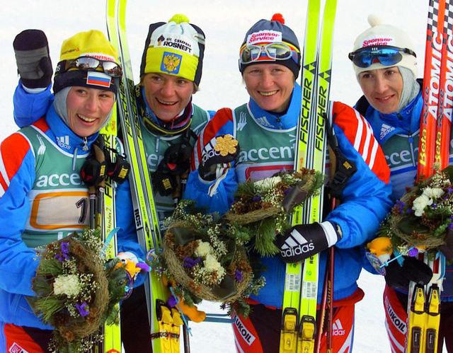 Чемпионат мира в Лахти-2001. Юлия Чепалова, Лариса Лазутина, Ольга Данилова, Нина Гаврылюк